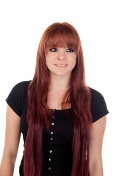 Teenage girl dressed in black with a piercing looking up isolated on white background