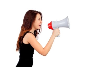 Funny girl shouting with a megaphone isolated on a white background
