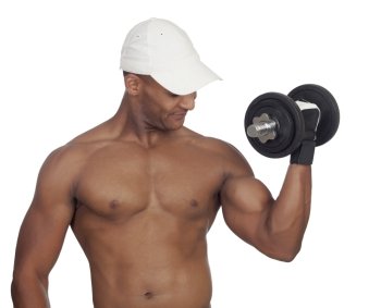 Handsome guy training with dumbbells isolated on white background