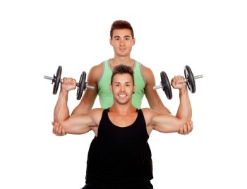 Couple of friends lifting weights isolated on a white background