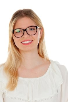 Blonde girl with black glasses isolated on a white background