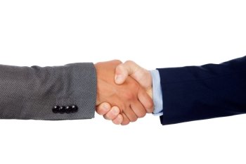 Handshake between two businessmen isolated on a white background