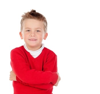 Cute blond kid with red jersey isolated on a white background