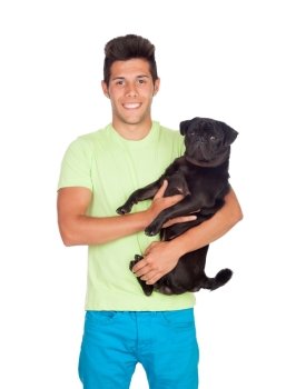 Attractive boy with her pug dog isolated on white background