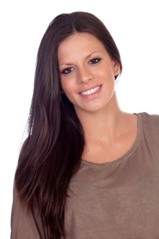 Attractive brunette woman dressed in brown isolated on a white background
