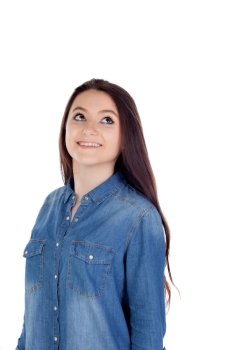 Attractive young woman with cowboy shirt isolated on a white background