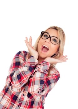 Surprised Blonde Girl with glasses isolated on a white background