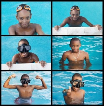 Collage of african child in the swimming-pool