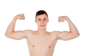 Muscular young man with naked torso isolated on white background