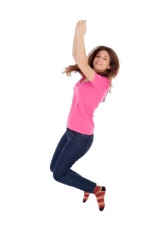 Happy young woman jumping isolated on a white background