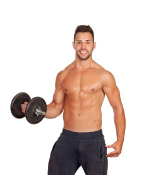 Muscled guy lifting weights isolated on white background
