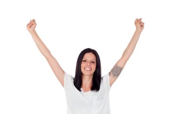 Excited brunette woman celebrating a triumph - isolated over a white background
