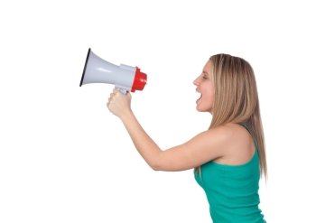 Profile of a blond girl with a megaphone isolated on a over white background