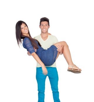 Young man carrying his girlfriend in his arms isolated on white background