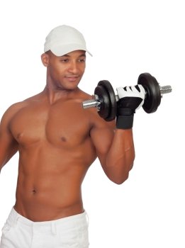 Handsome guy wearing cup training with dumbbells isolated wearing cap