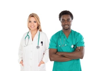 African doctor with a blonde medical woman isolated on a white background