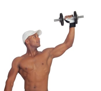 Handsome guy training with dumbbells isolate on a white background
