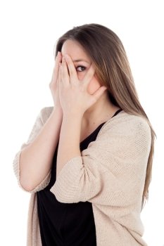 Blonde woman covering her face isolated on a white background