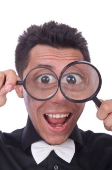 Funny man with magnifying glass