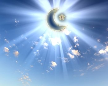 symbols of islam religion against bright cloudy sky