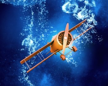 Plane symbol under water. Airplane model in clear blue crystal water