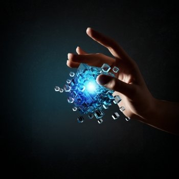 Human Resources concept. Person hand taking with fingers magic glowing cube