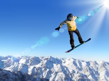 Man on snowboard jumping in sky. Summer vacation. Snowboarder in jump