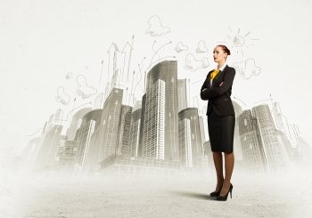 Business woman. Image of business woman in suit. Construction concept