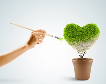 Protect our home. Close up image of hand painting plant heart shaped