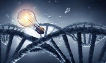 Biotechnology science background. Glass light bulb with DNA molecule on blue bakground