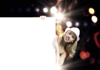 Naked girl with banner. Nude girl standing behind white blank banner. Place for text