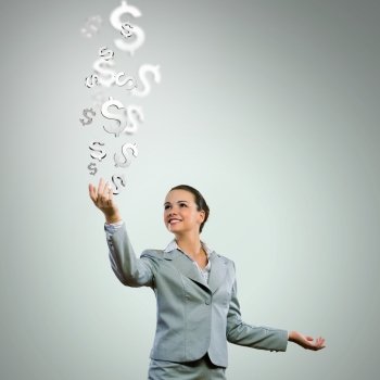 Money concept. Image of young happy businesswoman. Currency concept