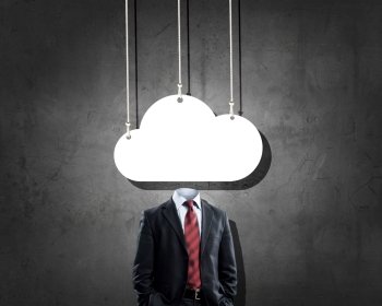 Cloud computing. Headless businessman with cloud instead of his head