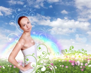 Image of young woman against nature background