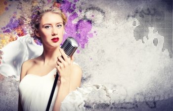 Image of female singer. Image of female singer holding microphone against illustration background
