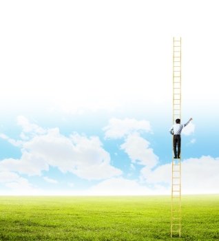 Parallel realities. Rear view of businessman climbing ladder between two realities