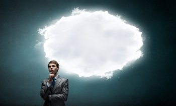 Let me think it over. Businessman and blank thought cloud above his head