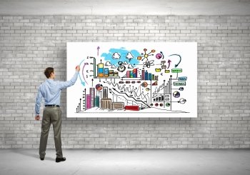 Business strategy. Image of businessman drawing business plan on white banner