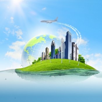 Ecology concept. City on island floating in water. Global warming