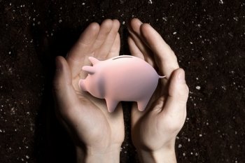 Make your savings grow. Close up of malepalms holding piggy bank and soil at background