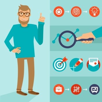 Vector character in flat style - smart man with idea - infographic elements