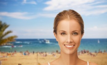 people, suntan, travel and summer holidays concept - close up of beautiful smiling woman with half face tanned over resort beach background