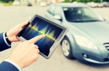 transport, business trip, technology and people concept - close up of male hands with diagram tablet pc computer screen and car outdoors