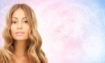 people, beauty, hair and skin care concept - beautiful woman with curly hairstyle over rose quartz and serenity pattern background
