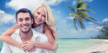 summer holiday, vacation, dating and tourism concept - happy couple having fun over tropical beach background