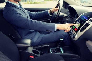 transport, business trip, technology and people concept - close up of young man in suit driving car and receiving incoming call from woman on board computer screen