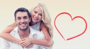 holiday, valentine's day, dating and love concept - happy couple having fun over beige background and red heart shape