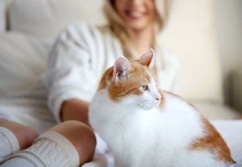 pets, animals and people concept - happy young woman with cat in bed at home