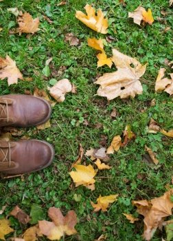 season, footwear and people concept - feet in boots with autumn leaves on grass