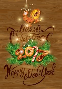 Hand written calligraphic text Merry Christmas and Happy New Year 2017, on wooden background. Year number as cookies. Winter holidays design. Stylized rooster from Chinese calendar.